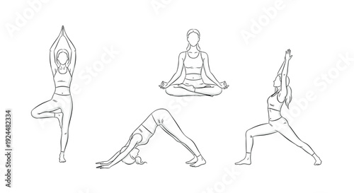 Collection of line art illustrations of women performing various yoga poses for fitness and wellness