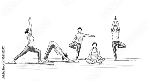 Diverse group of people practicing various yoga poses in a minimalist sketch style