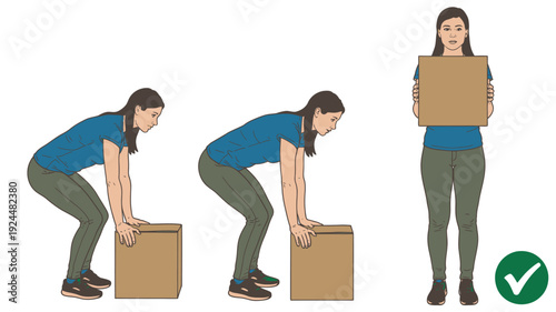 Illustration of a woman lifting a box correctly, demonstrating proper lifting technique and posture in a simple 2D graphic