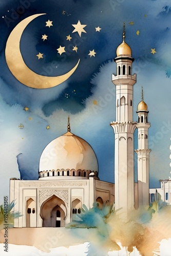 Watercolor Mosque Landscape Eid Mubarak Card