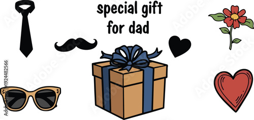 Hand drawn vector gift box with blue ribbon sunglasses mustache tie and hearts with flower special gift for dad minimalist illustration for fathers day celebration