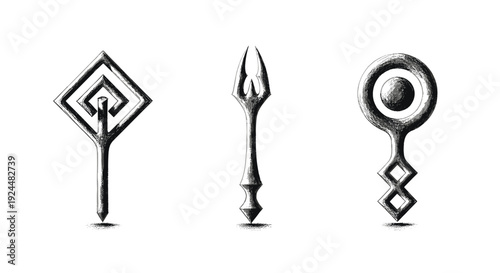 Collection of three unique fantasy symbols or keys with a hand-drawn, etched aesthetic