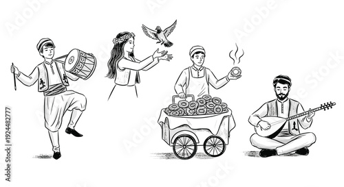 Traditional Turkish street performers and vendors in a lively cultural scene