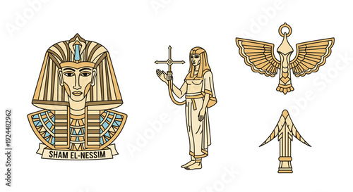Ancient Egyptian symbols including a pharaoh's bust, a goddess, and hieroglyphic icons