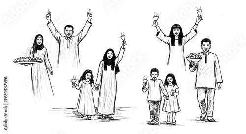 Diverse Middle Eastern families celebrating with traditional drinks and sweets, sketch style