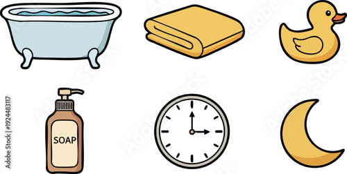 Colorful flat design bathroom accessories set with bathtub filled with water folded towel rubber duck soap dispenser clock showing time and crescent moon illustration vector canva svg png