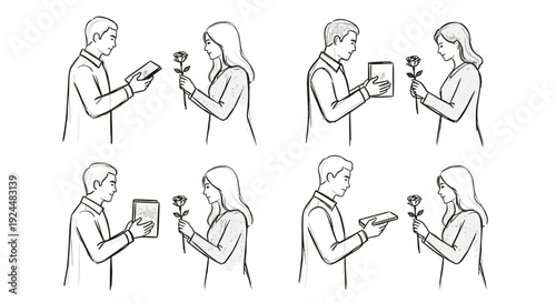 Man and woman exchanging gifts of a book and a rose in a simple line art illustration