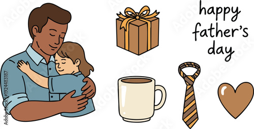 Hand drawn father hugging son with closed eyes and smiling happy fathers day greeting coffee cup gift box striped tie and heart illustration vector canva svg png