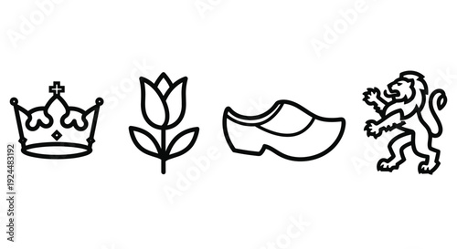 Iconic Dutch symbols: crown, tulip, clog, and lion emblem on white background