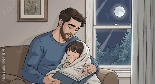 Vector art cozy father reading bedtime story to child wrapped in blanket on sofa near window with full moon and night sky visible outside feeling peaceful and intimate family moment in modern home