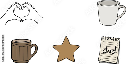Minimalist vector art set showing hand heart gesture wooden cup white ceramic mug gold star and dad notebook with simple flat design style
