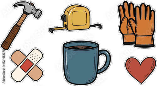 Hand drawn vector art of carpenter hammer measuring tape leather gloves adhesive bandage cup of coffee and heart symbol in flat design style for crafting and work