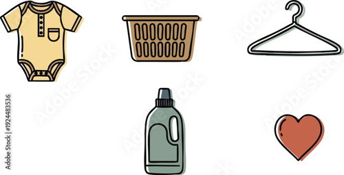 Minimalist vector art baby onesie with short sleeves beige laundry basket grey detergent bottle and metal hanger with red heart icon set