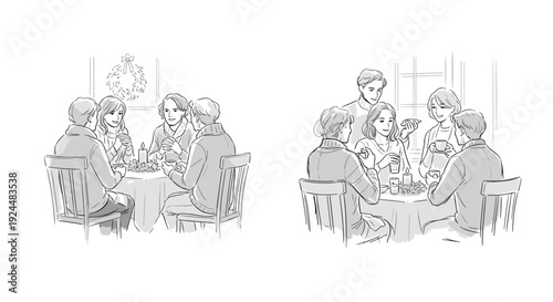Family and friends gather around a table for a festive holiday meal and conversation