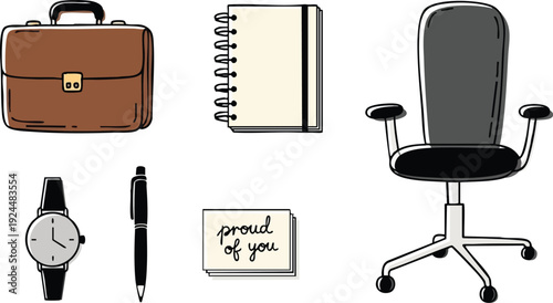 Hand drawn office items flat design including brown briefcase notebook watch pen white card proud of you message and black swivel chair isolated on white background vector art svg png canva
