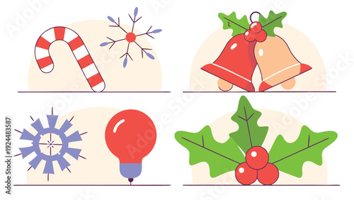 Set of four hand-drawn Christmas doodle icons featuring a candy cane, snowflake, bells, light bulb, and holly berries.