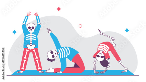 Three funny skeletons in colorful clothing practice various yoga poses on a blue mat against a light gray background.