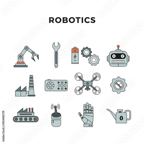 Twelve flatdesign icons related to robotics arranged in three rows under the ROBOTICS text