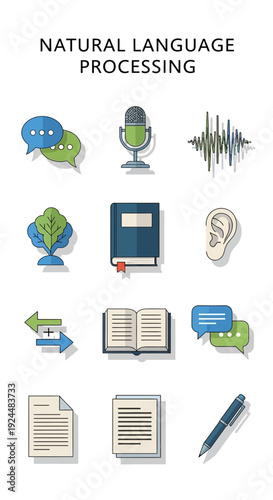 Illustration of various icons related to Natural Language Processing on a white background
