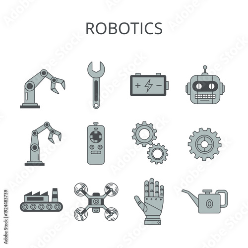 Collection of twelve gray lineart icons related to robotics arranged in four rows