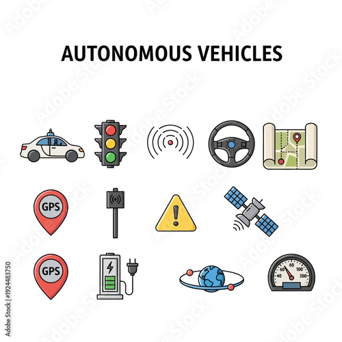 Collection of icons related to autonomous vehicles technology and components