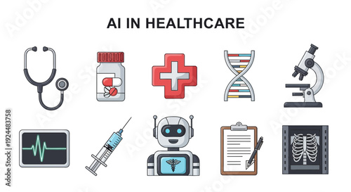 Icons illustrating various aspects of AI in Healthcare arranged in two rows