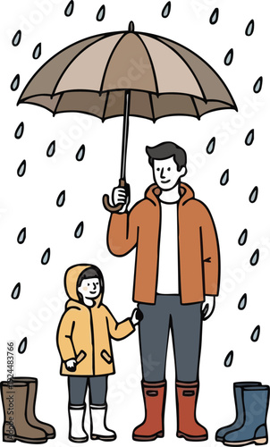 Vector art showing man holding umbrella over standing child wearing raincoat and boots protecting from falling raindrops isolated on white background in simple drawing style