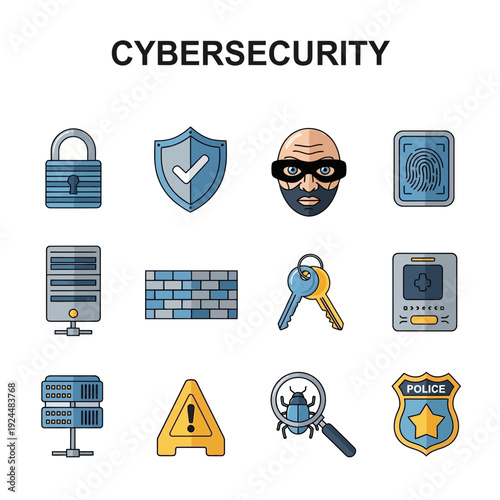 A grid of twelve flatstyle icons related to cybersecurity including locks servers and badges