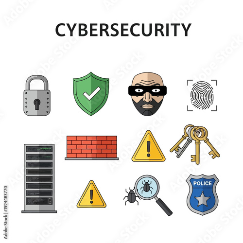 Cybersecurity icons featuring a lock shield hacker fingerprint server wall warnings keys bug and police badge