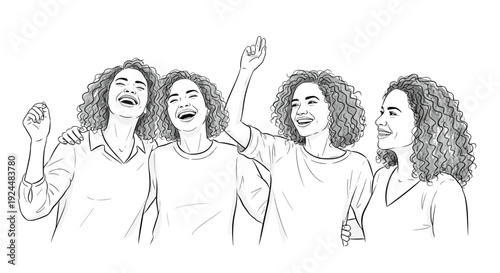 Four diverse women with curly hair laughing and celebrating together in a joyful moment