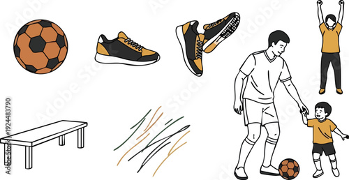 Flat design soccer father playing with kid holding hands and kicking ball in orange and black shoes vector art minimal style