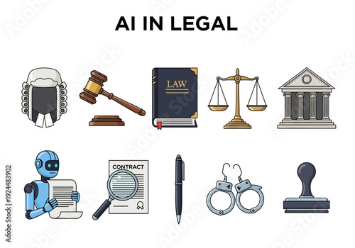 Illustration titled AI IN LEGAL with icons of law and technology
