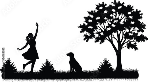 Girl and dog in silhouette under tree grass