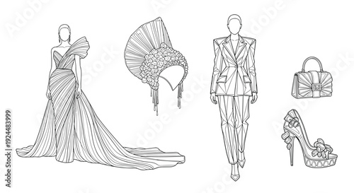 Fashion illustration of haute couture outfits and accessories, black and white line art
