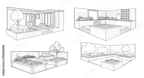 Modern garden designs featuring raised planter beds and architectural elements