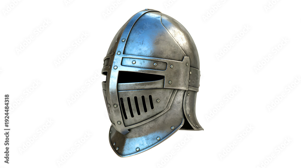 Fototapeta premium Medieval knight helmet with face guard on transparent background