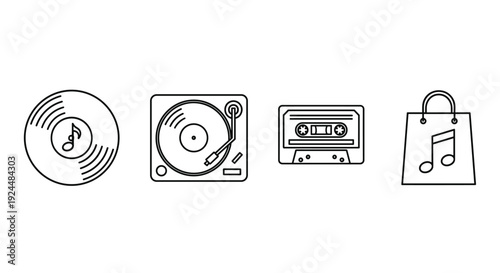 Collection of music icons: vinyl record, turntable, cassette tape, and shopping bag