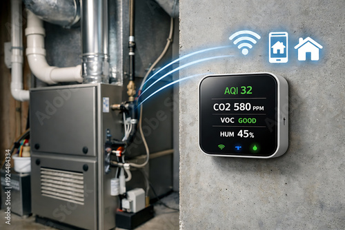 furnace, filter, air, hvac. A smart indoor air quality monitor displays AQI, CO2, VOC, and humidity levels in a basement with HVAC equipment.