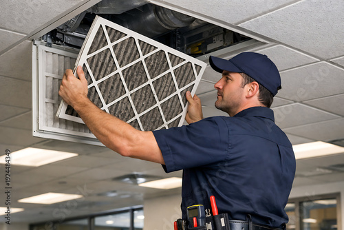 furnace, filter, air, hvac. A technician in a navy uniform replaces or installs a ceiling air filter in an office building.