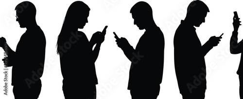 Silhouettes of people looking at smartphones mobile phones white background