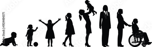 Silhouettes of people in various poses and ages family children adults
