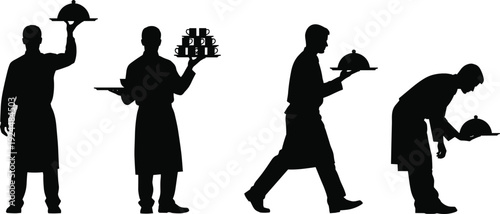 Silhouettes of waiters carrying food and dishes in various poses black white background serving