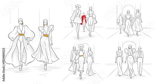 Fashion show illustration featuring diverse models in elegant designer outfits on a runway