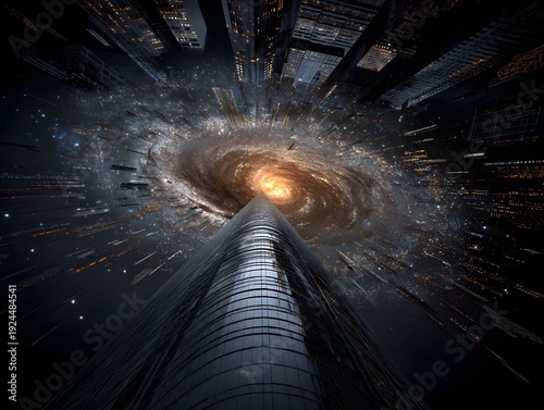 Cosmic Cityscape: A towering skyscraper pierces the cosmic expanse, with a swirling galaxy and glowing nebula forming a surreal backdrop.