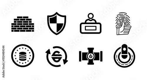 Technology and Security Icons Set Firewall Shield Desk Fingerprint Data Exchange Power Wifi
