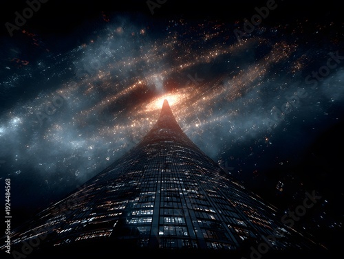 Skyscraper Ascends into Cosmic Vista: A towering modern skyscraper pierces the night sky, its illuminated facade juxtaposed against a breathtaking celestial panorama of stars and nebulae.