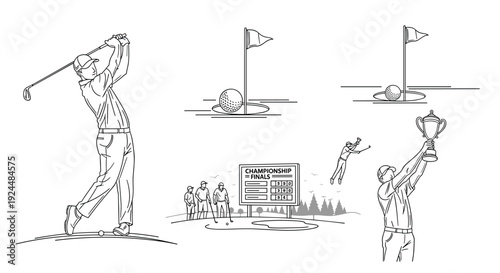 Golfer swings club, ball lands in hole, scoreboard shows championship finals, winner holds trophy