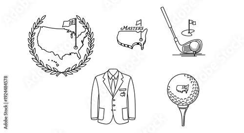 Collection of iconic golf symbols including a blazer, golf club, and Masters tournament imagery