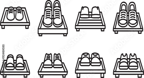Assorted pairs of shoes neatly arranged on trays for display or storage Vector