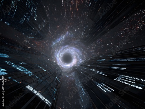 Warp Drive Velocity: A conceptual representation of faster-than-light travel through a swirling cosmic vortex, with streaks of light and distant galaxies suggesting immense speed and journey.